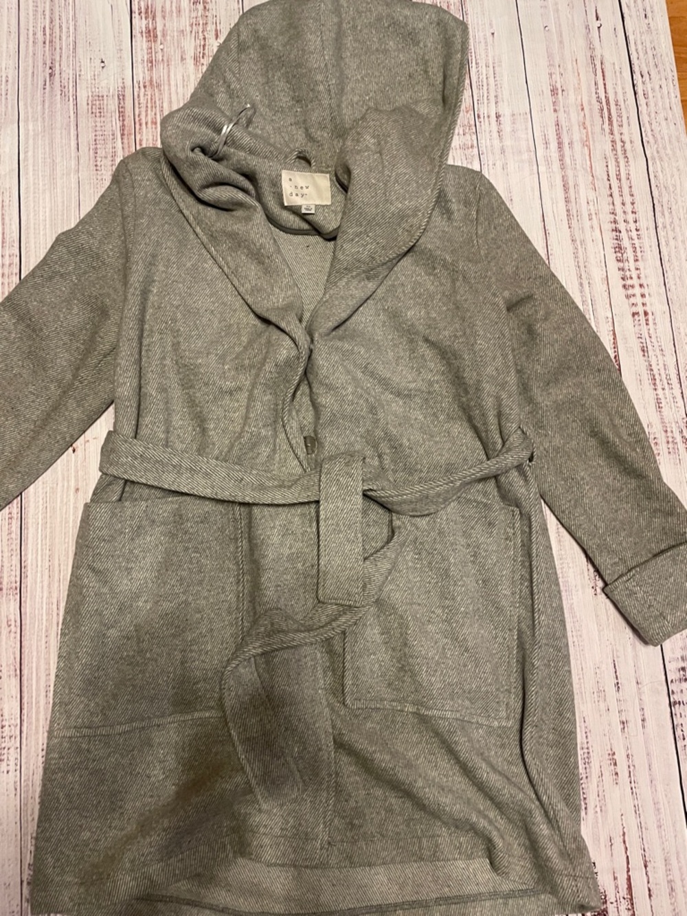a new day houndstooth Gray Hooded Pea Coat with Belt